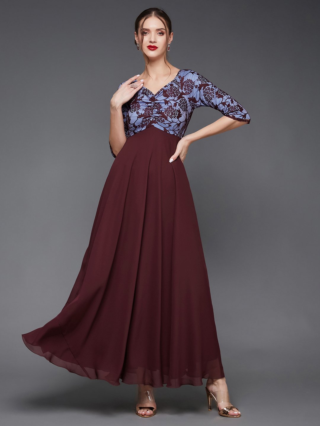 Maroon Lace Bodice Fit and Flare Maxi Dress