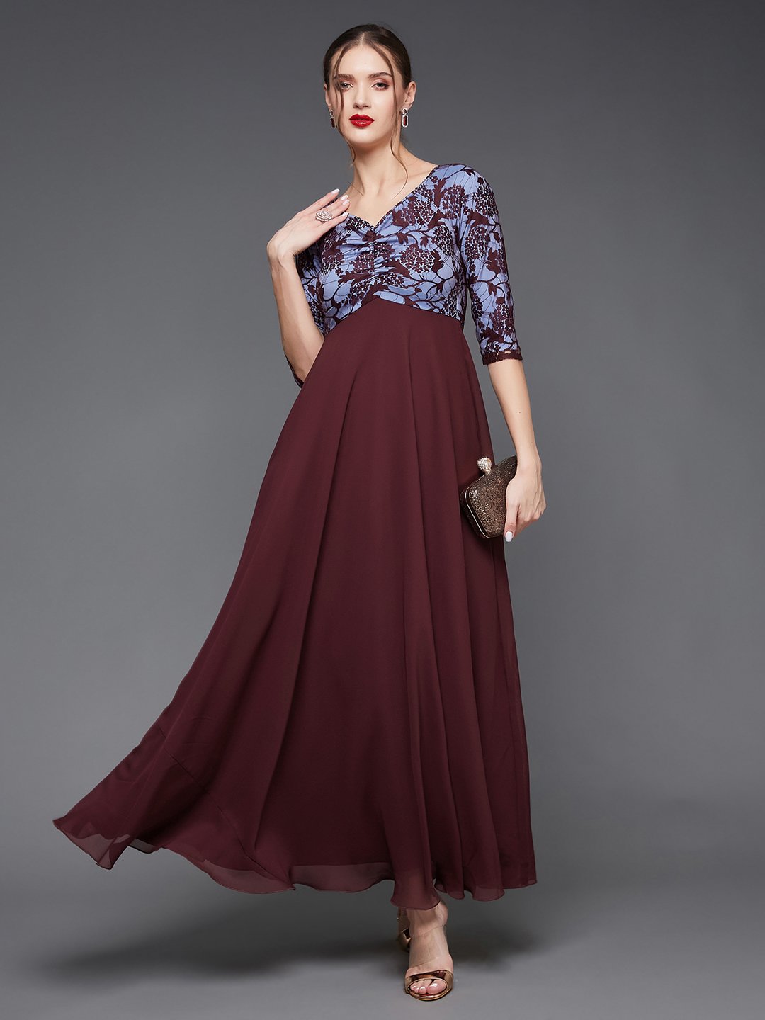 Maroon Lace Bodice Fit and Flare Maxi Dress