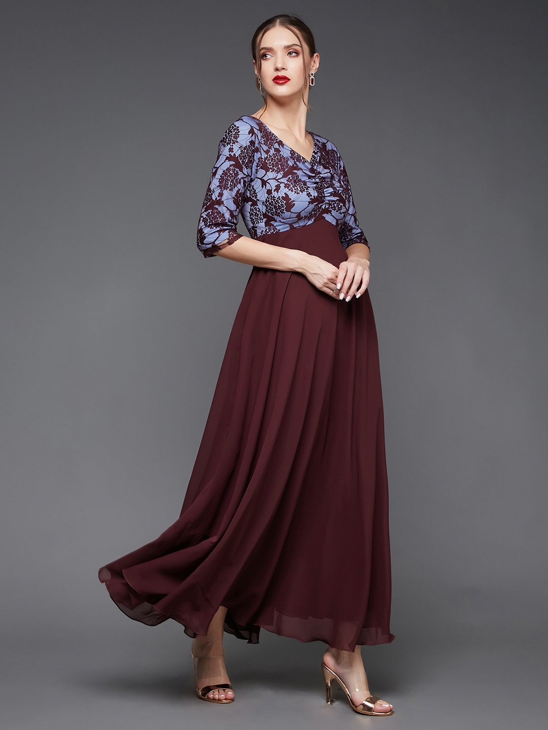 Maroon Lace Bodice Fit and Flare Maxi Dress