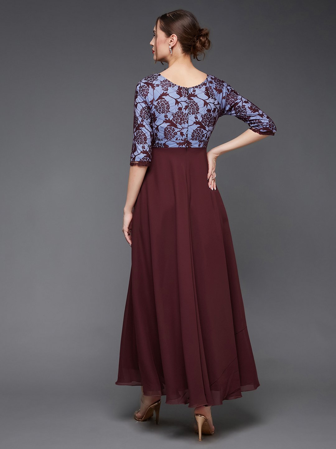 Maroon Lace Bodice Fit and Flare Maxi Dress