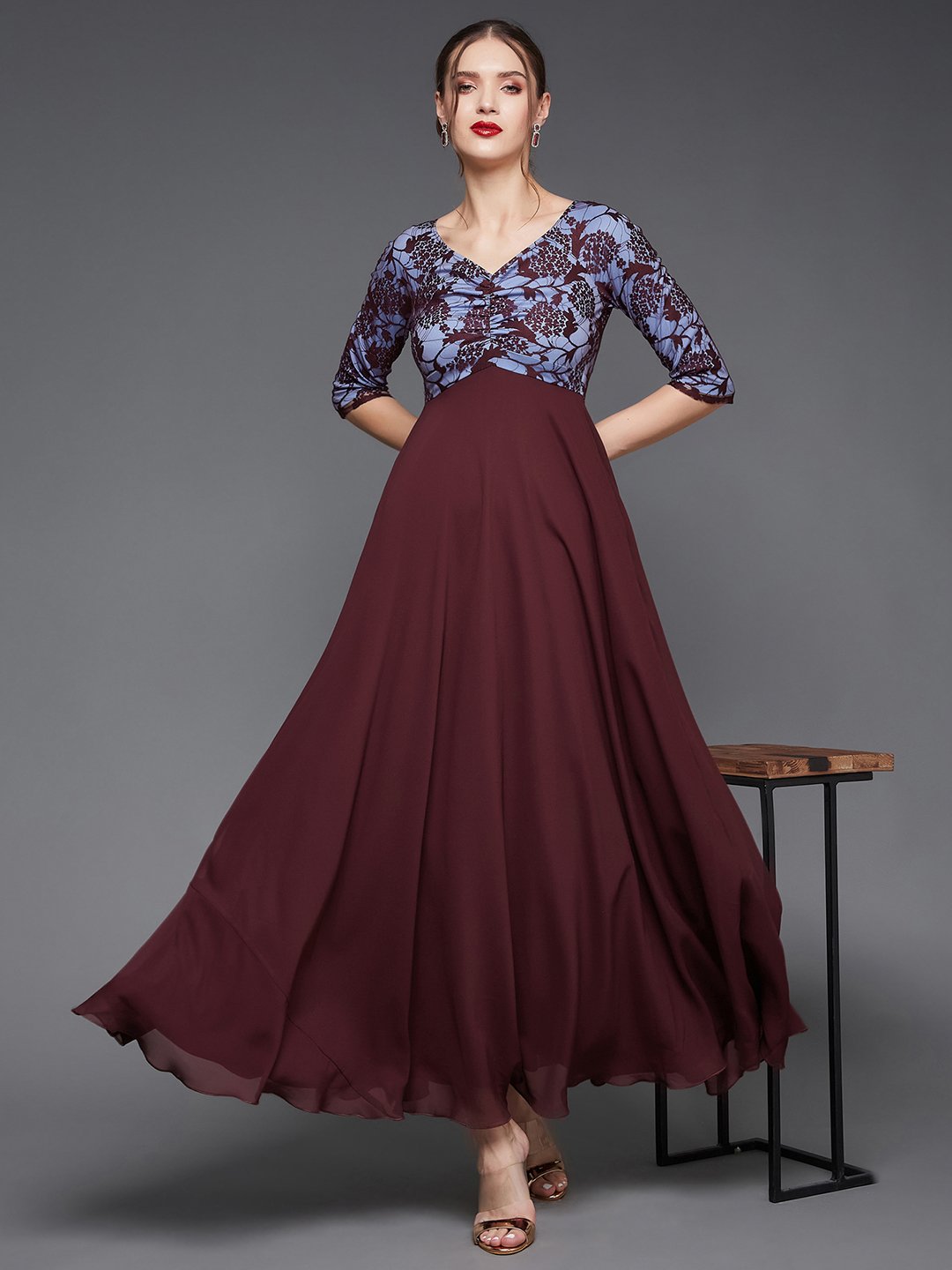 Maroon Lace Bodice Fit and Flare Maxi Dress