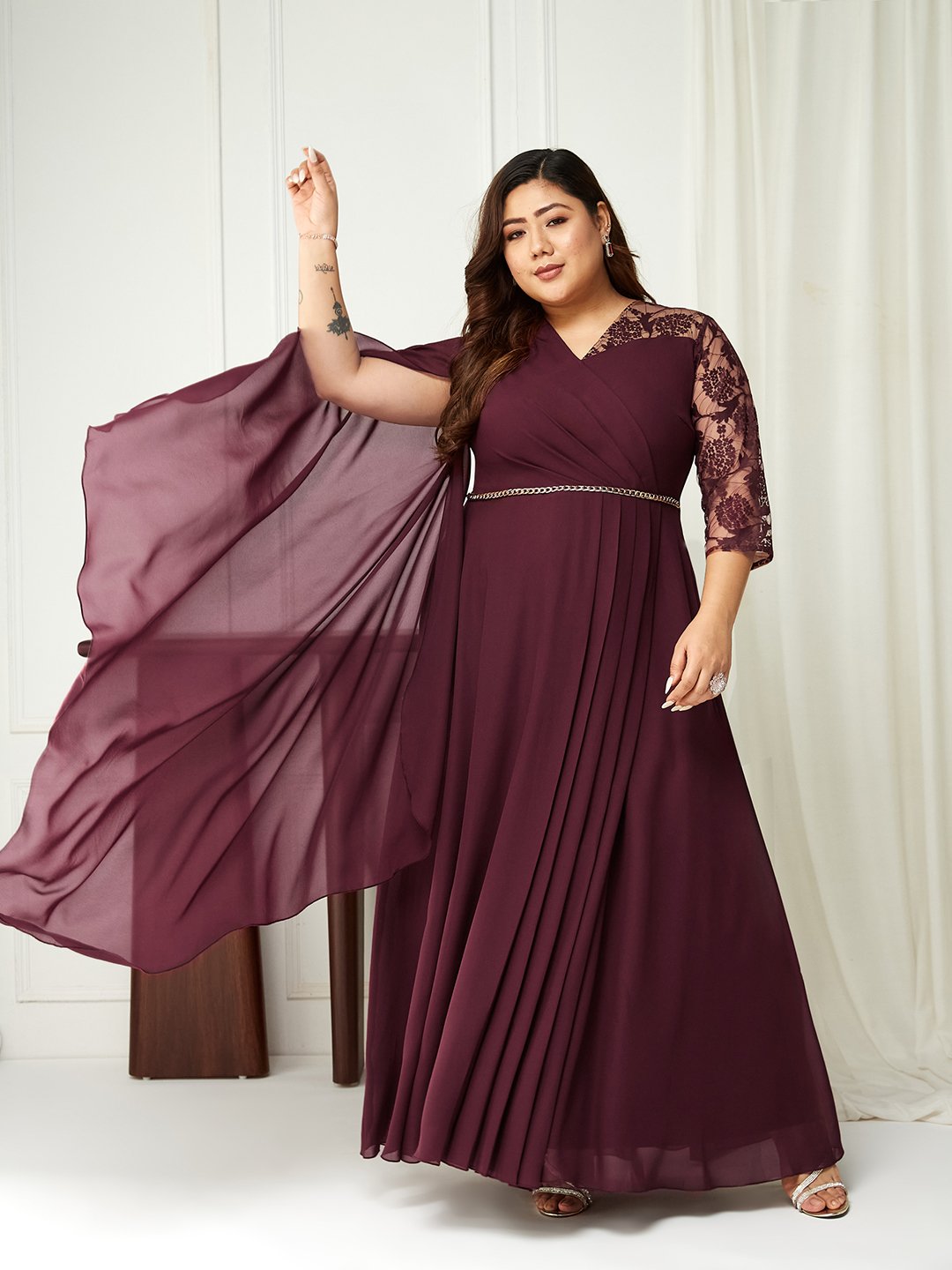 Maroon Lace A-Line Maxi Dress with 3/4 Sleeves