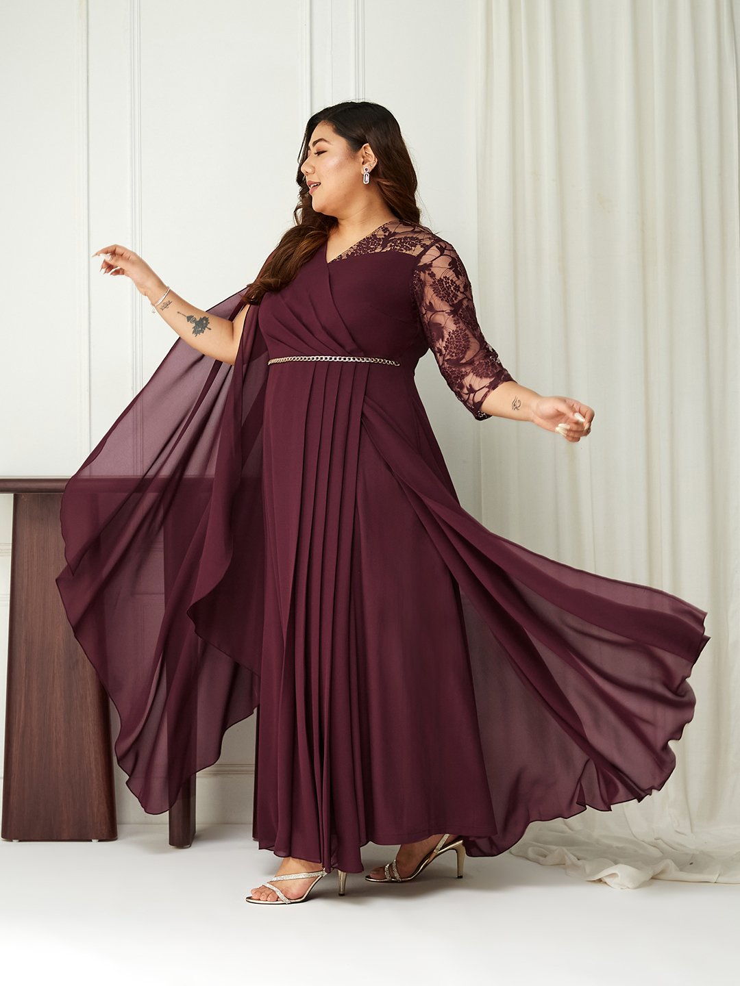 Maroon Lace A-Line Maxi Dress with 3/4 Sleeves