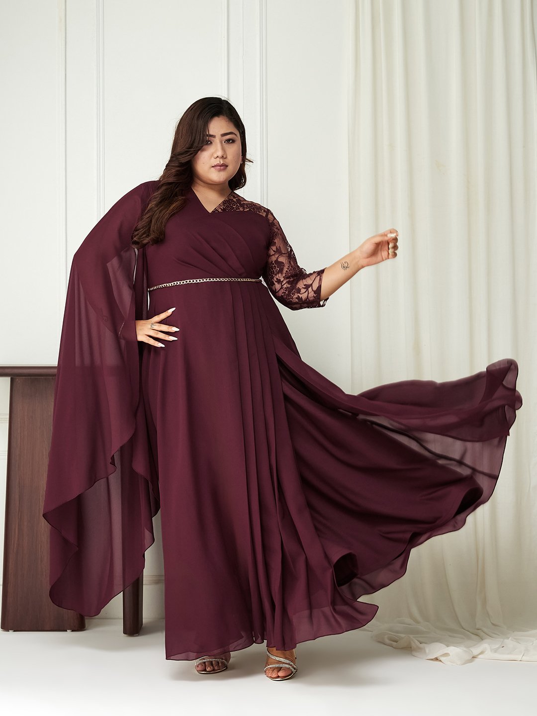 Maroon Lace A-Line Maxi Dress with 3/4 Sleeves