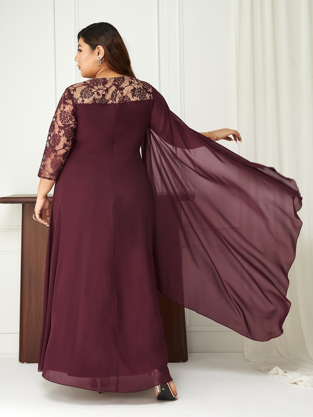 Maroon Lace A-Line Maxi Dress with 3/4 Sleeves