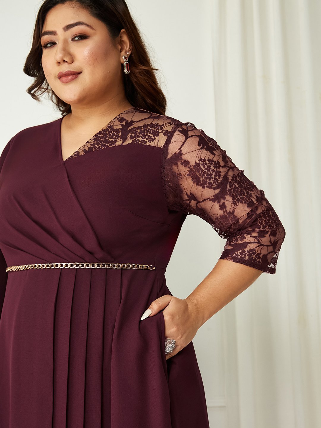 Maroon Lace A-Line Maxi Dress with 3/4 Sleeves