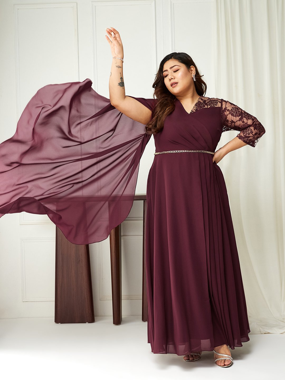 Maroon Lace A-Line Maxi Dress with 3/4 Sleeves