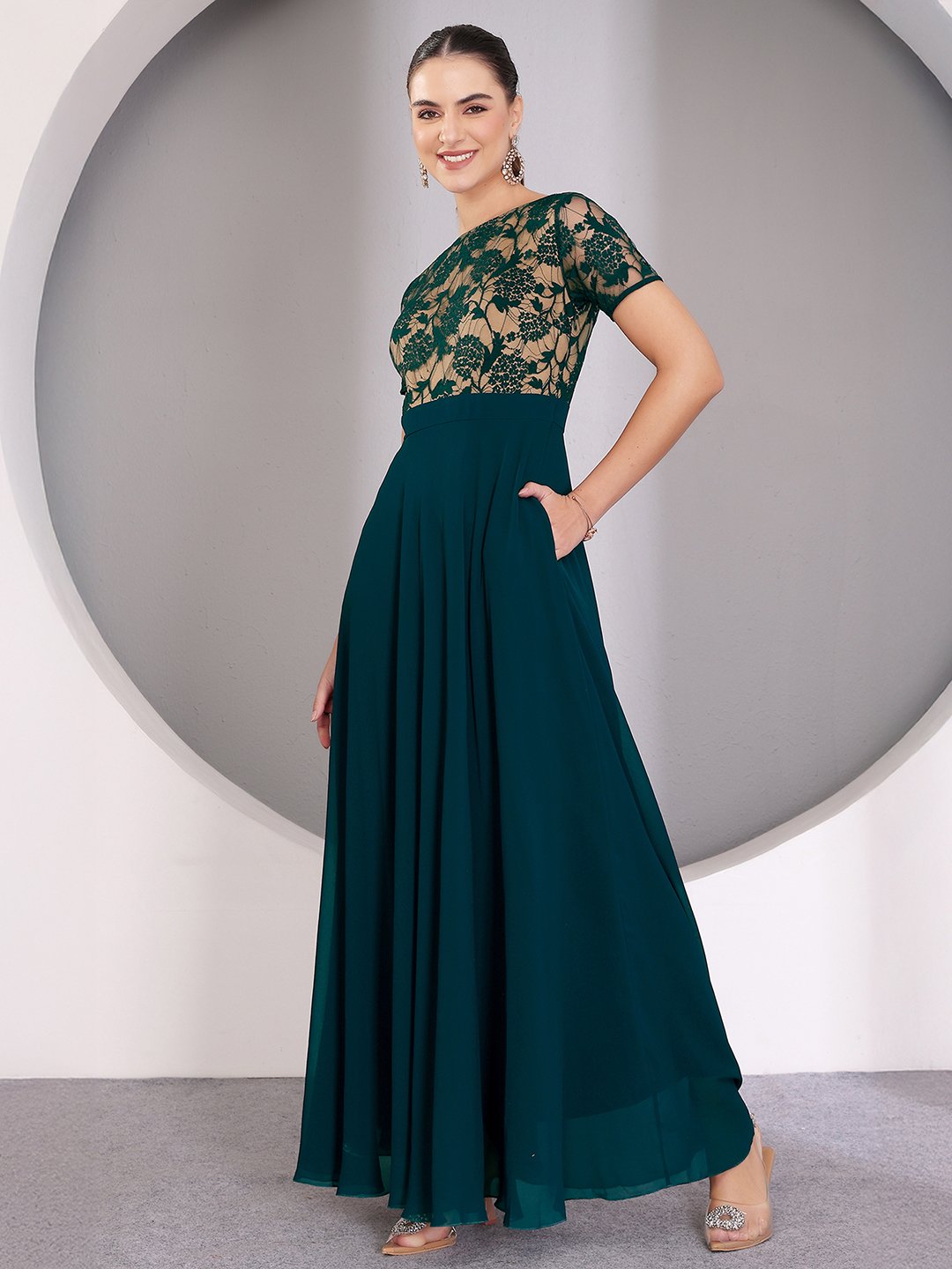 Dark Green A-Line Maxi Dress with Lace Short Sleeves