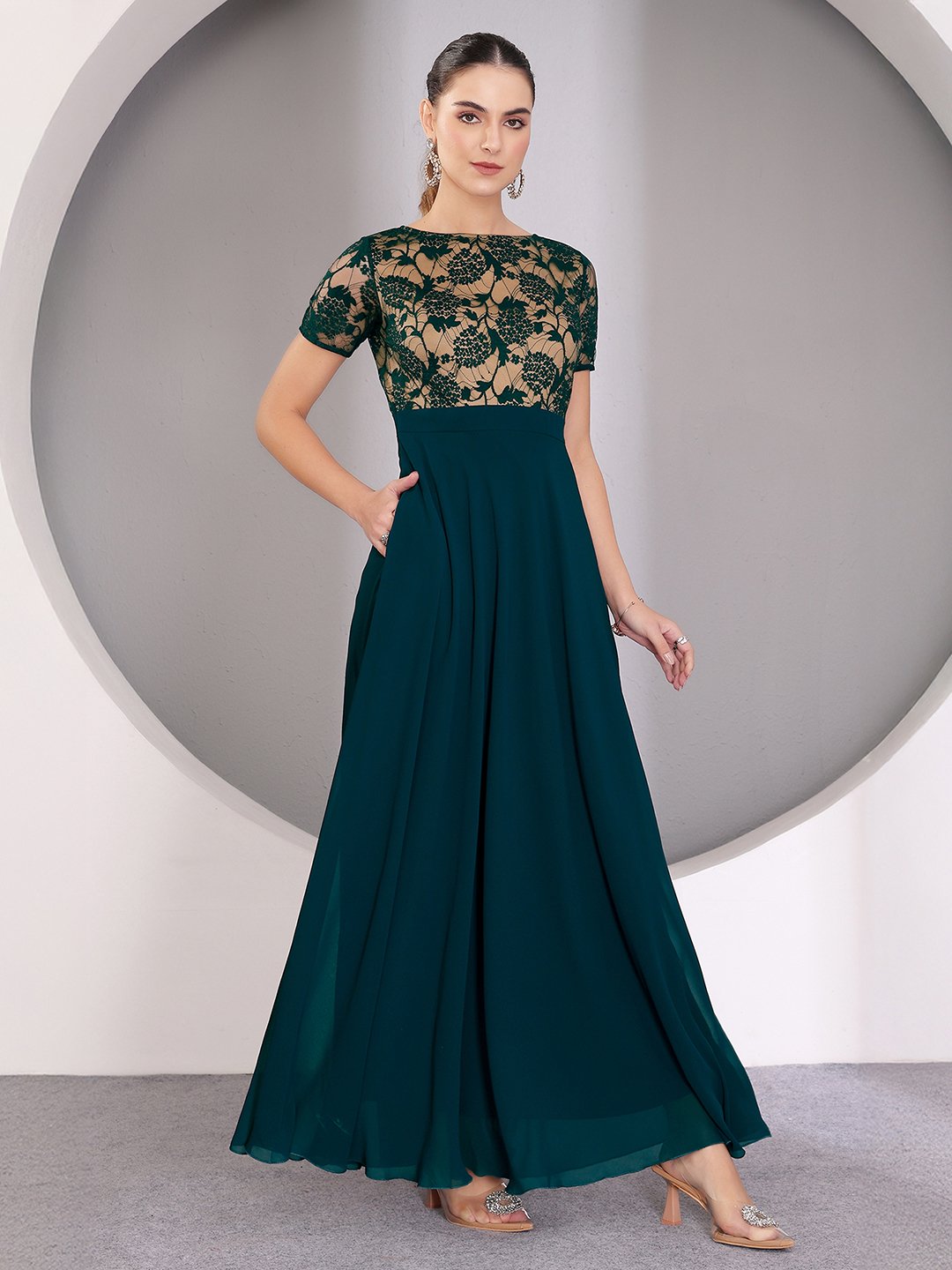 Dark Green A-Line Maxi Dress with Lace Short Sleeves