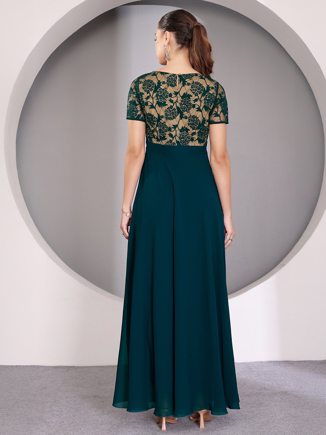 Dark Green A-Line Maxi Dress with Lace Short Sleeves