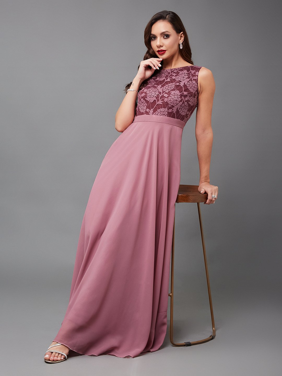 Dark Pink Lace Bodice A-Line Maxi Dress
