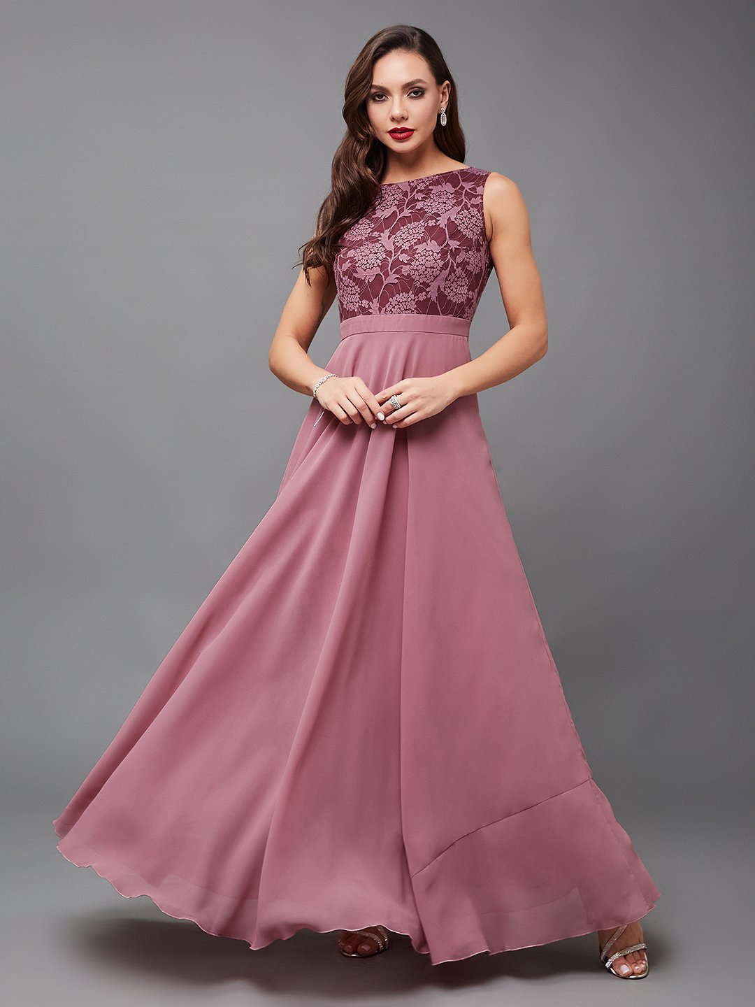 Dark Pink Lace Bodice A-Line Maxi Dress