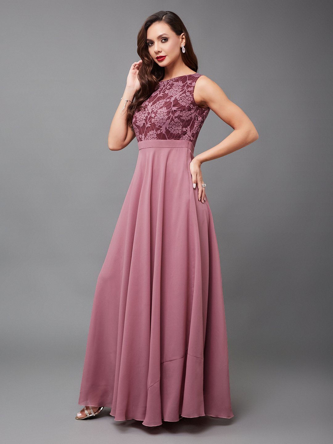 Dark Pink Lace Bodice A-Line Maxi Dress