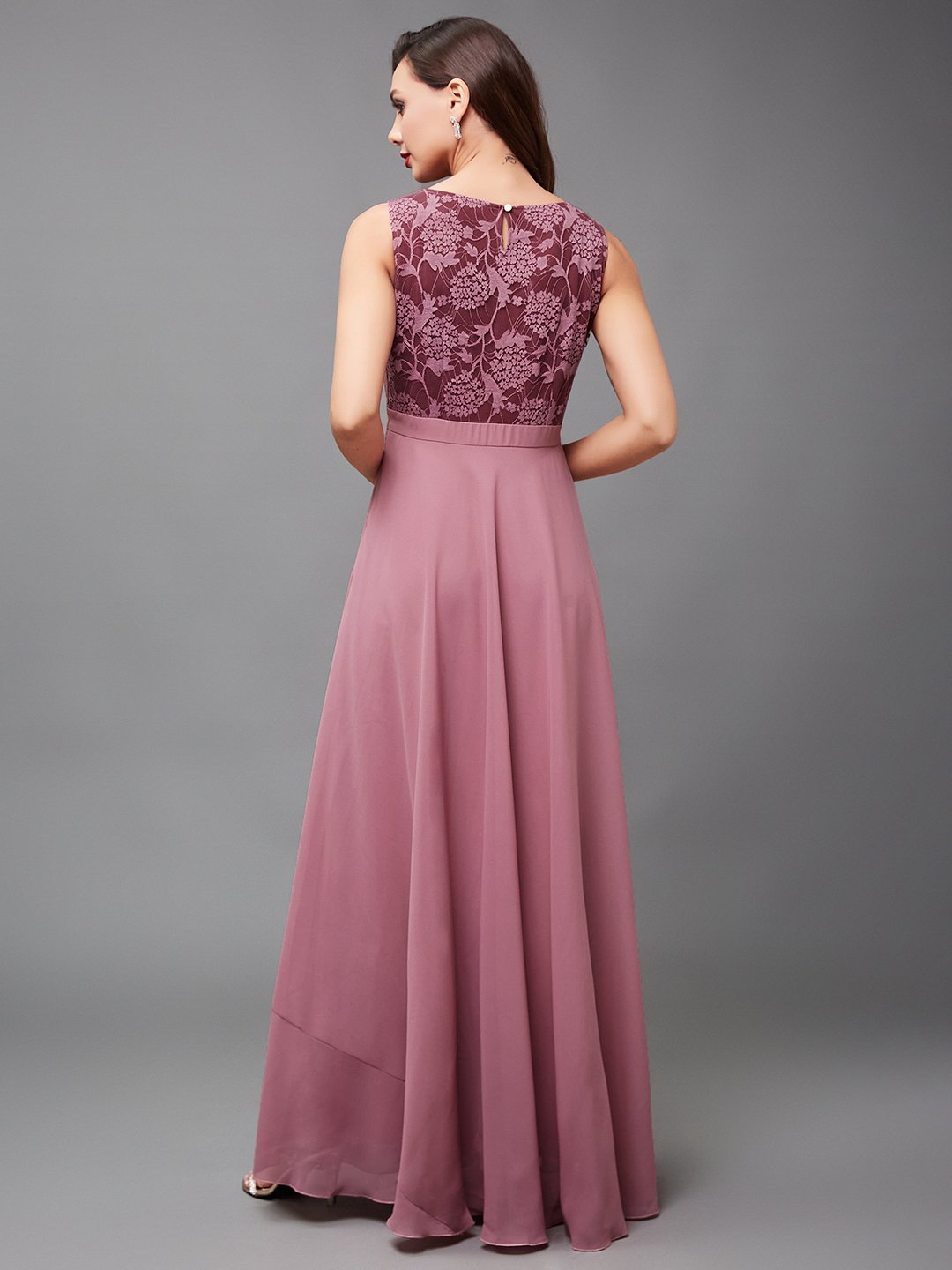 Dark Pink Lace Bodice A-Line Maxi Dress