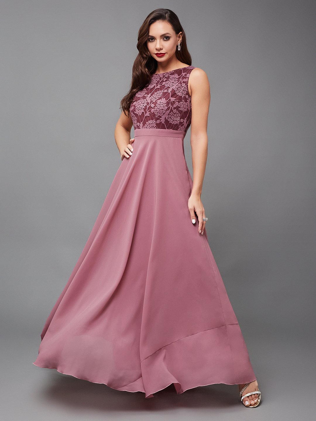 Dark Pink Lace Bodice A-Line Maxi Dress