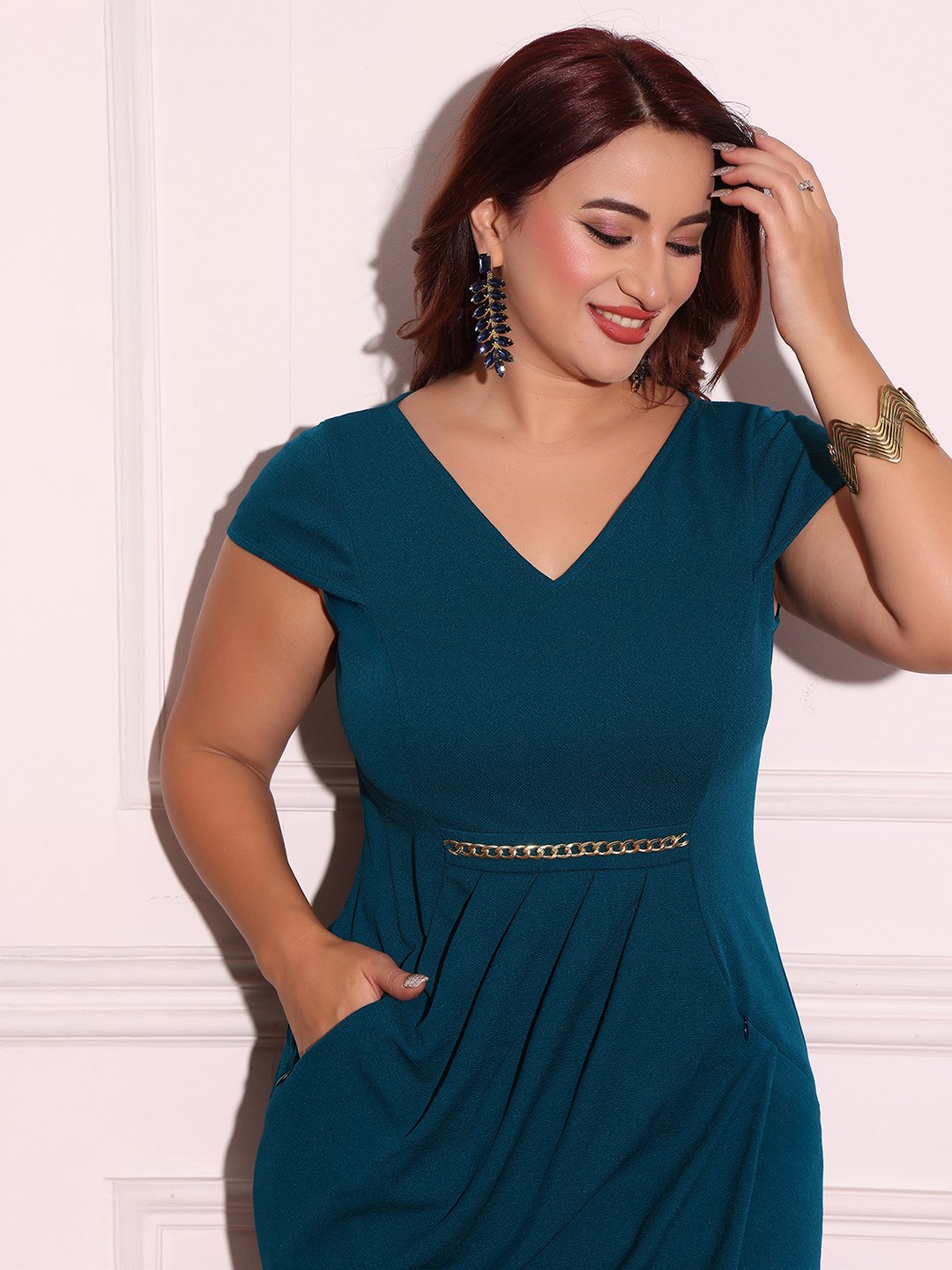 Teal Wrap Knee-Length Dress with Short Sleeves