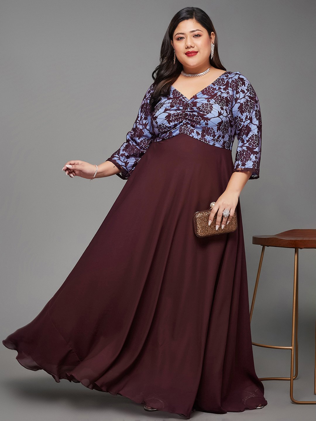 Brown Floral A-Line Maxi Dress with 3/4 Sleeves