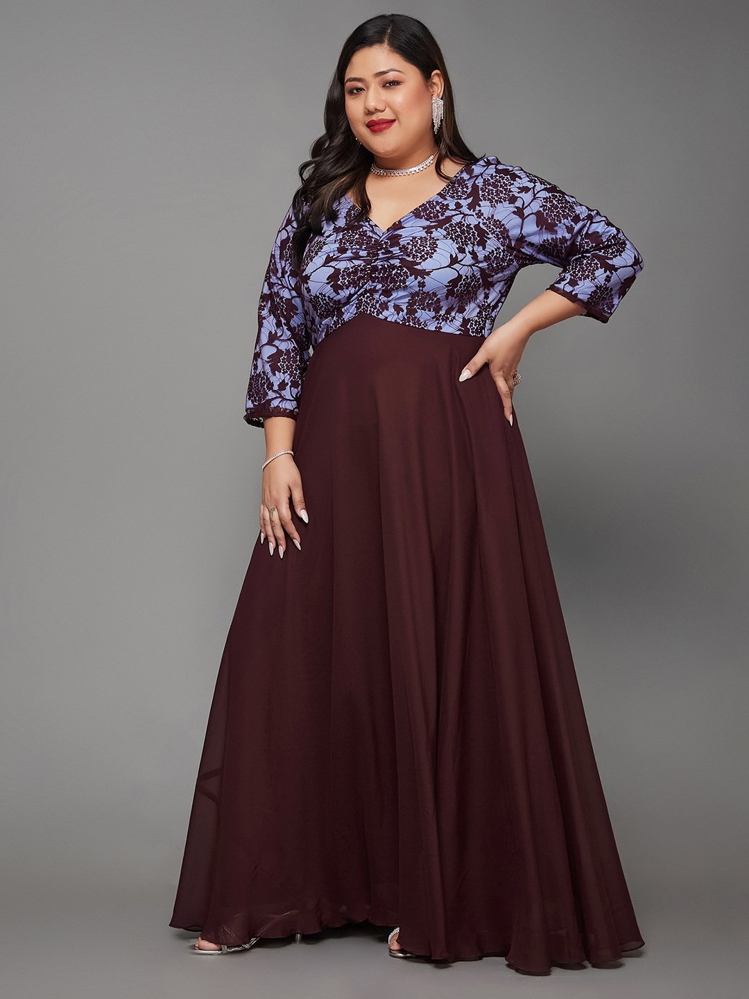 Brown Floral A-Line Maxi Dress with 3/4 Sleeves