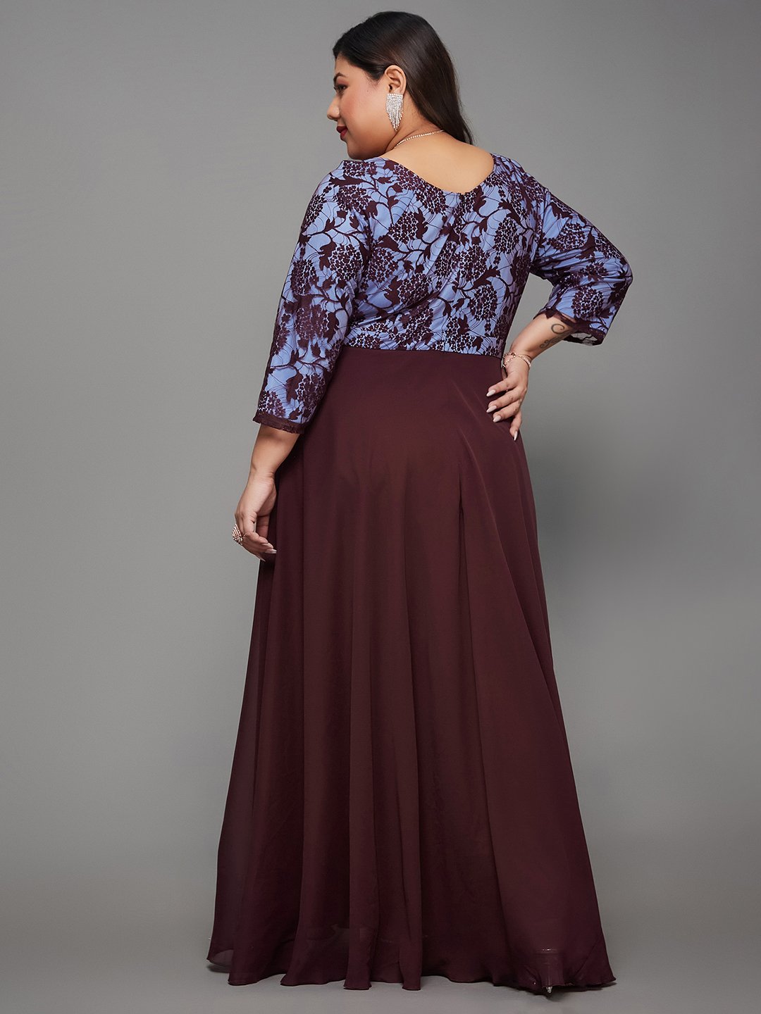 Brown Floral A-Line Maxi Dress with 3/4 Sleeves