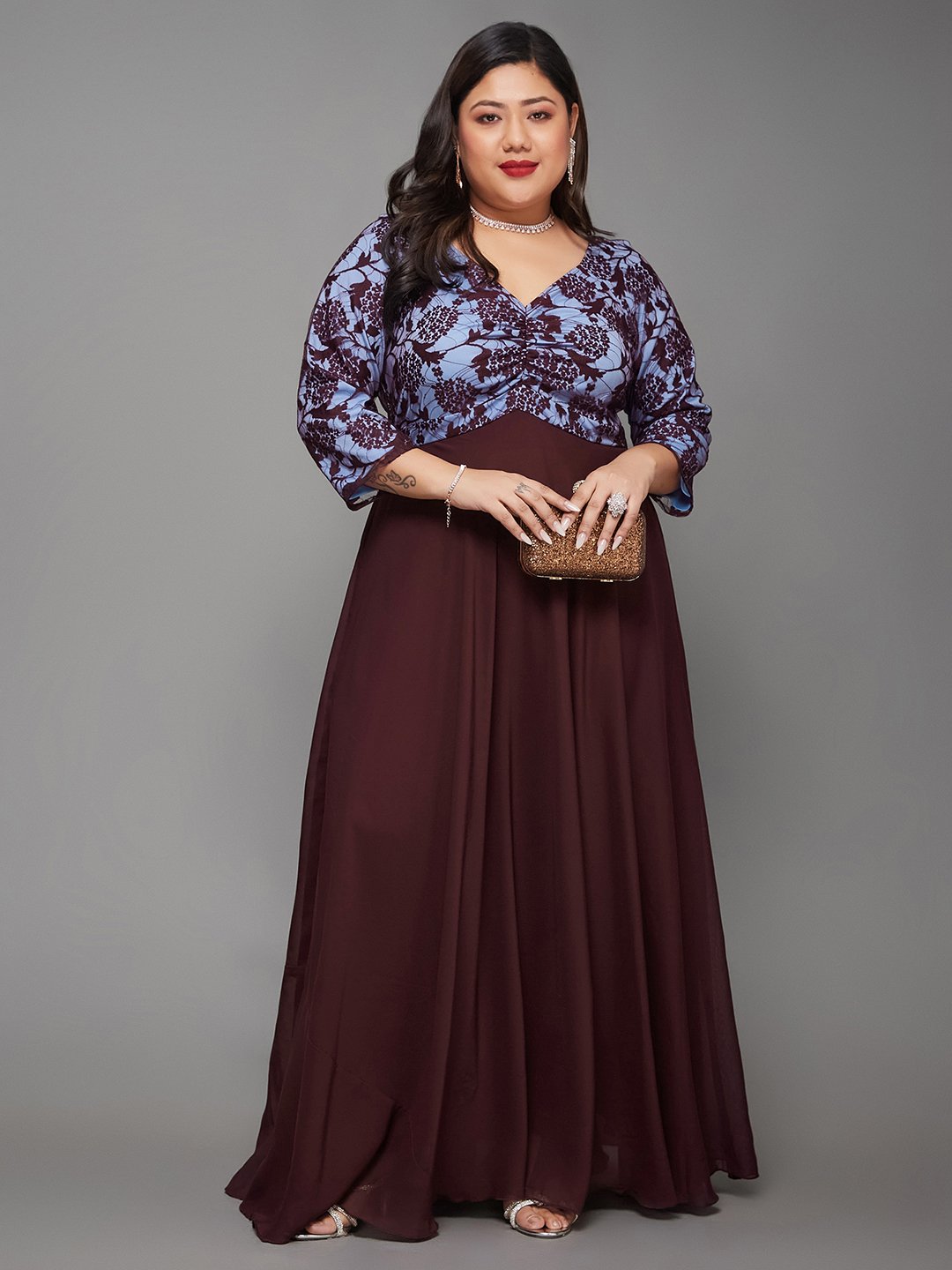 Brown Floral A-Line Maxi Dress with 3/4 Sleeves