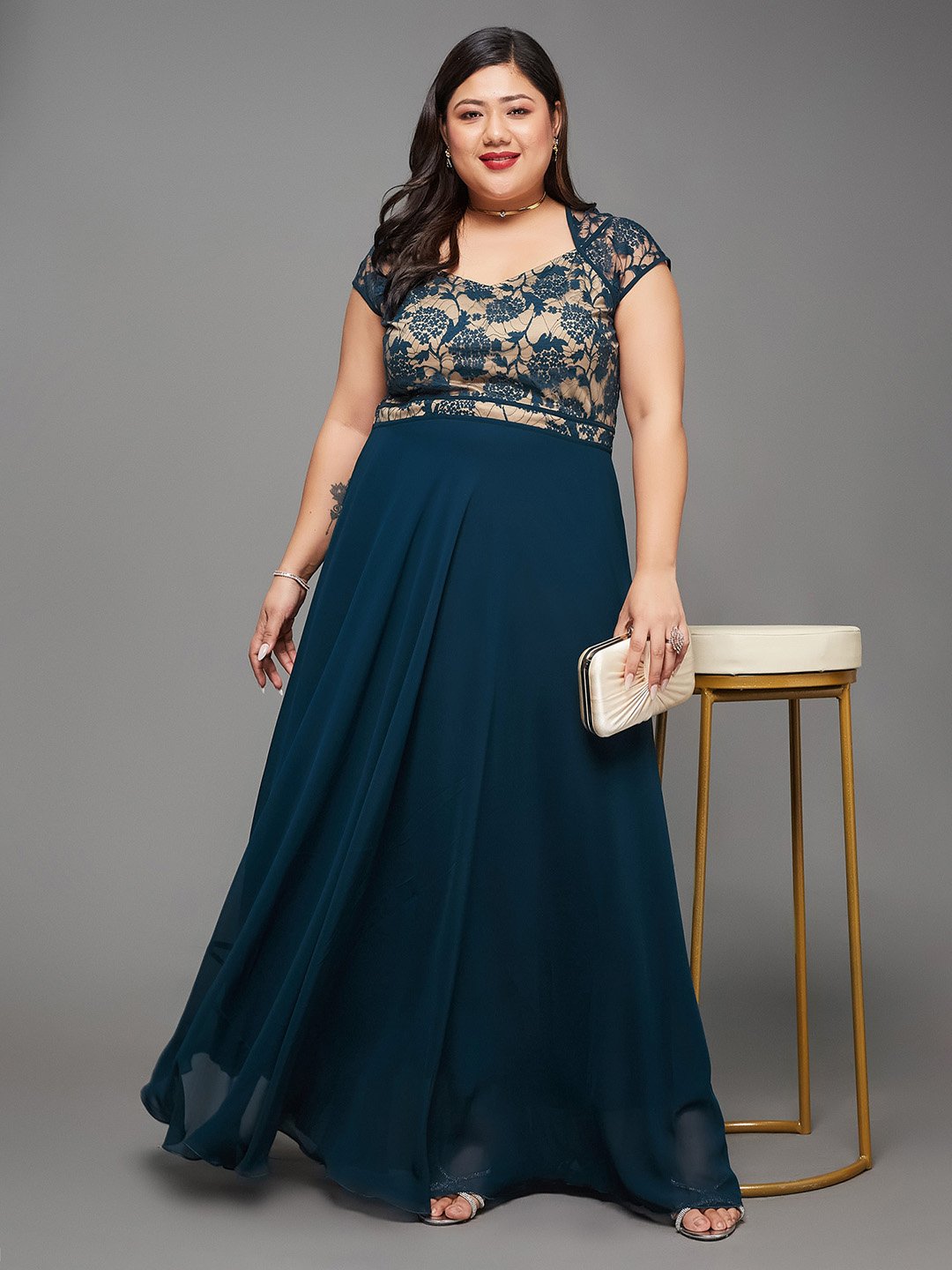 Teal A-Line Lace Overlay Maxi Dress with Short Sleeves