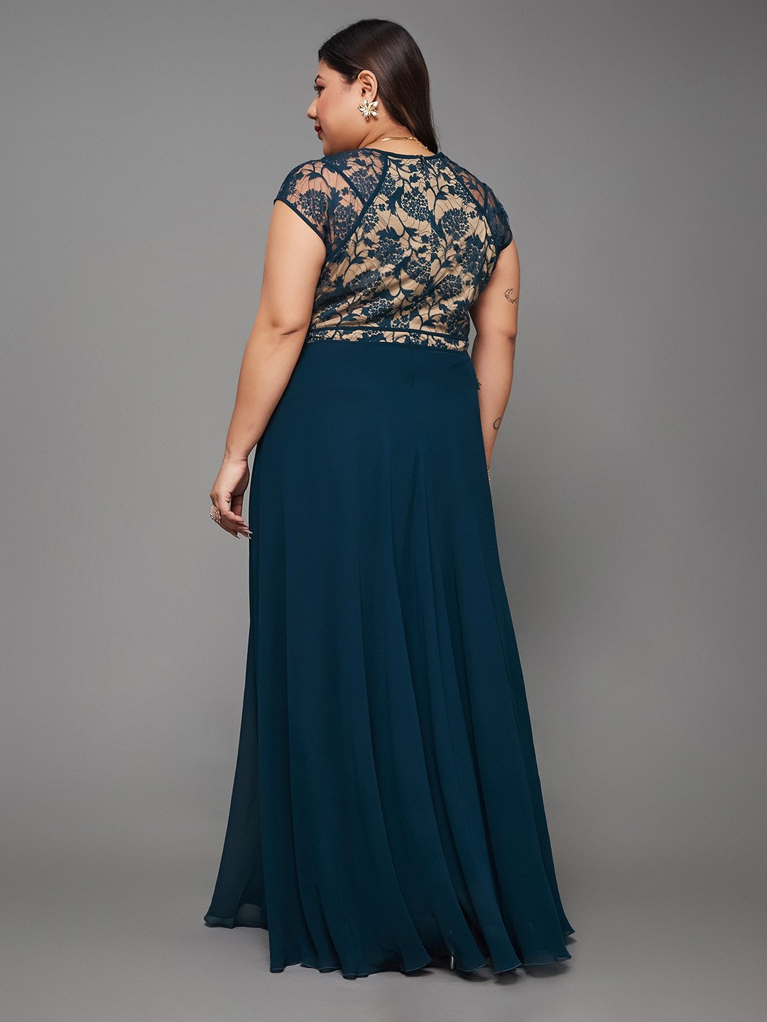 Teal A-Line Lace Overlay Maxi Dress with Short Sleeves