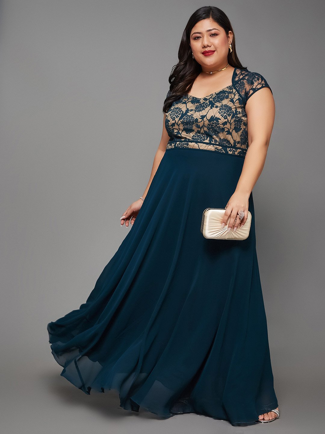 Teal A-Line Lace Overlay Maxi Dress with Short Sleeves