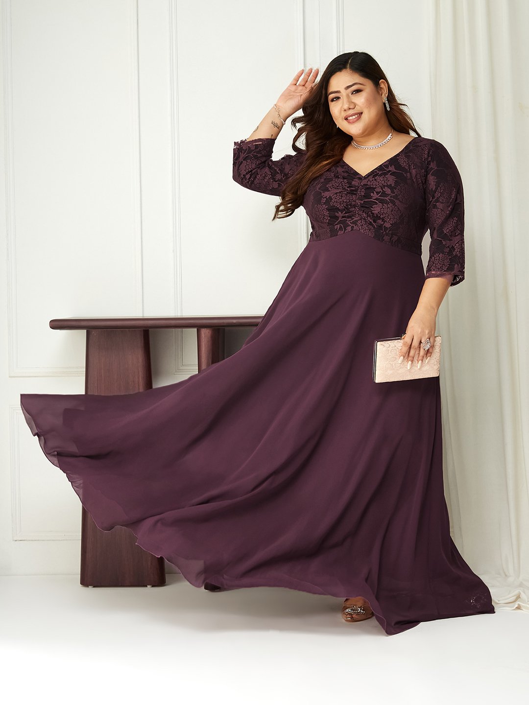 Burgundy Lace A-Line Maxi Dress with 3/4 Sleeves