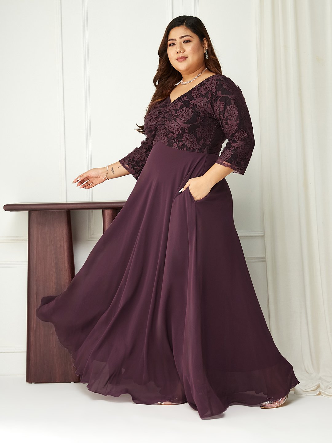 Burgundy Lace A-Line Maxi Dress with 3/4 Sleeves