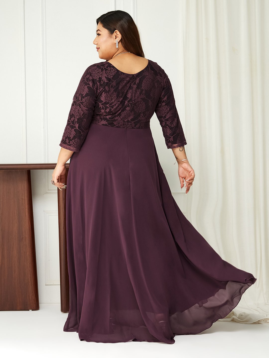 Burgundy Lace A-Line Maxi Dress with 3/4 Sleeves