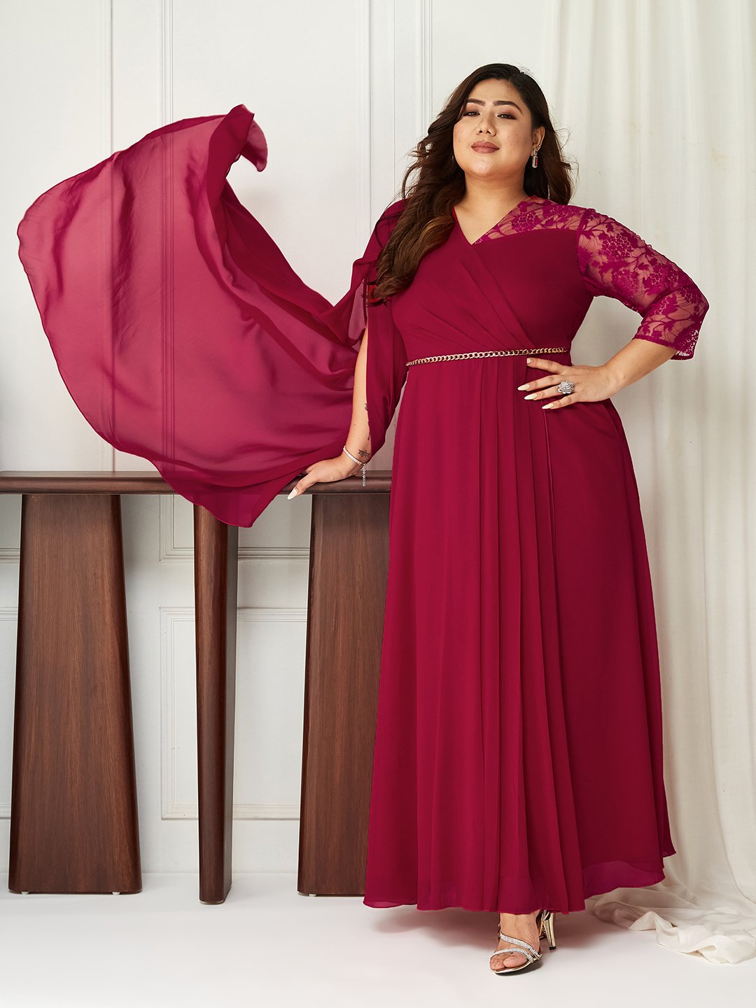 Burgundy A-Line Maxi Dress with Lace 3/4 Sleeves