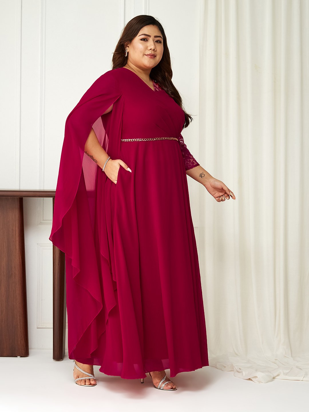 Burgundy A-Line Maxi Dress with Lace 3/4 Sleeves