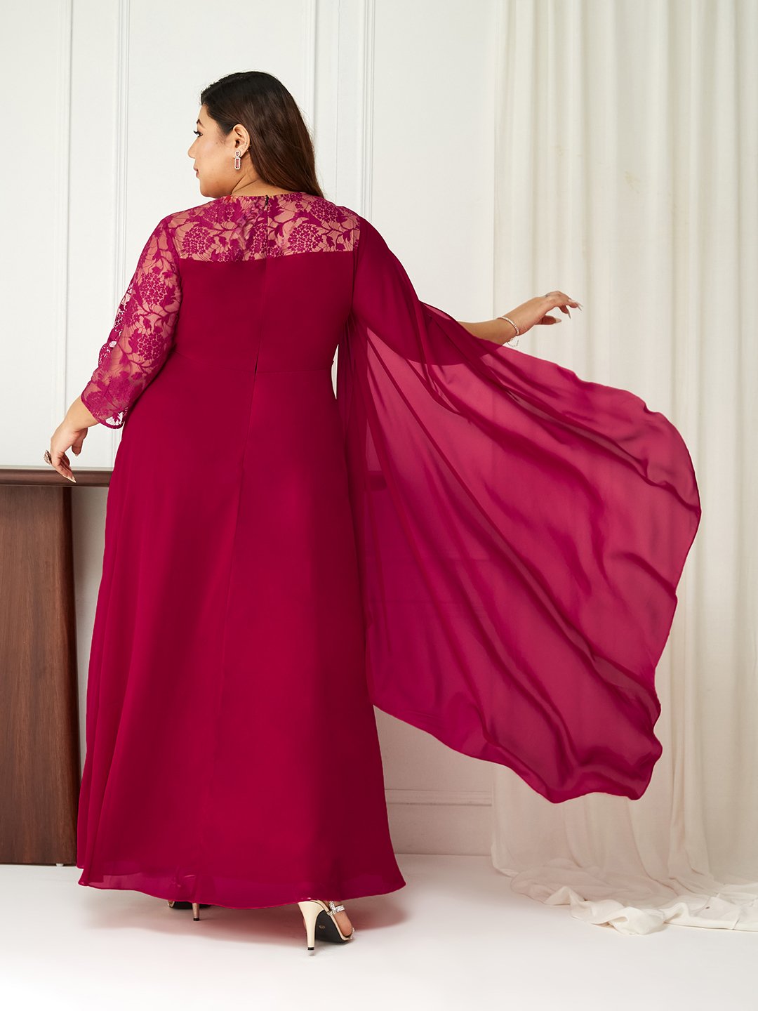 Burgundy A-Line Maxi Dress with Lace 3/4 Sleeves