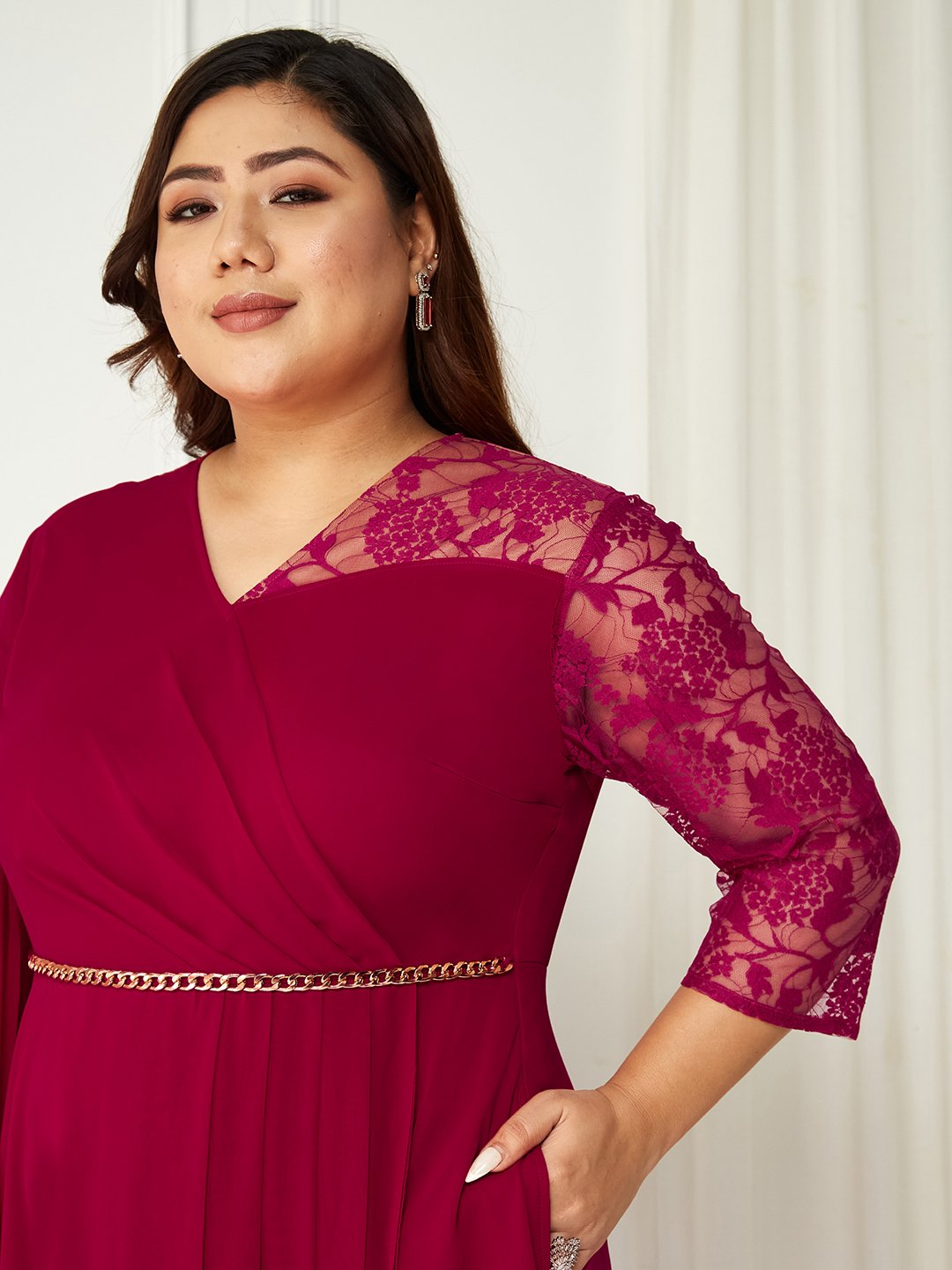 Burgundy A-Line Maxi Dress with Lace 3/4 Sleeves