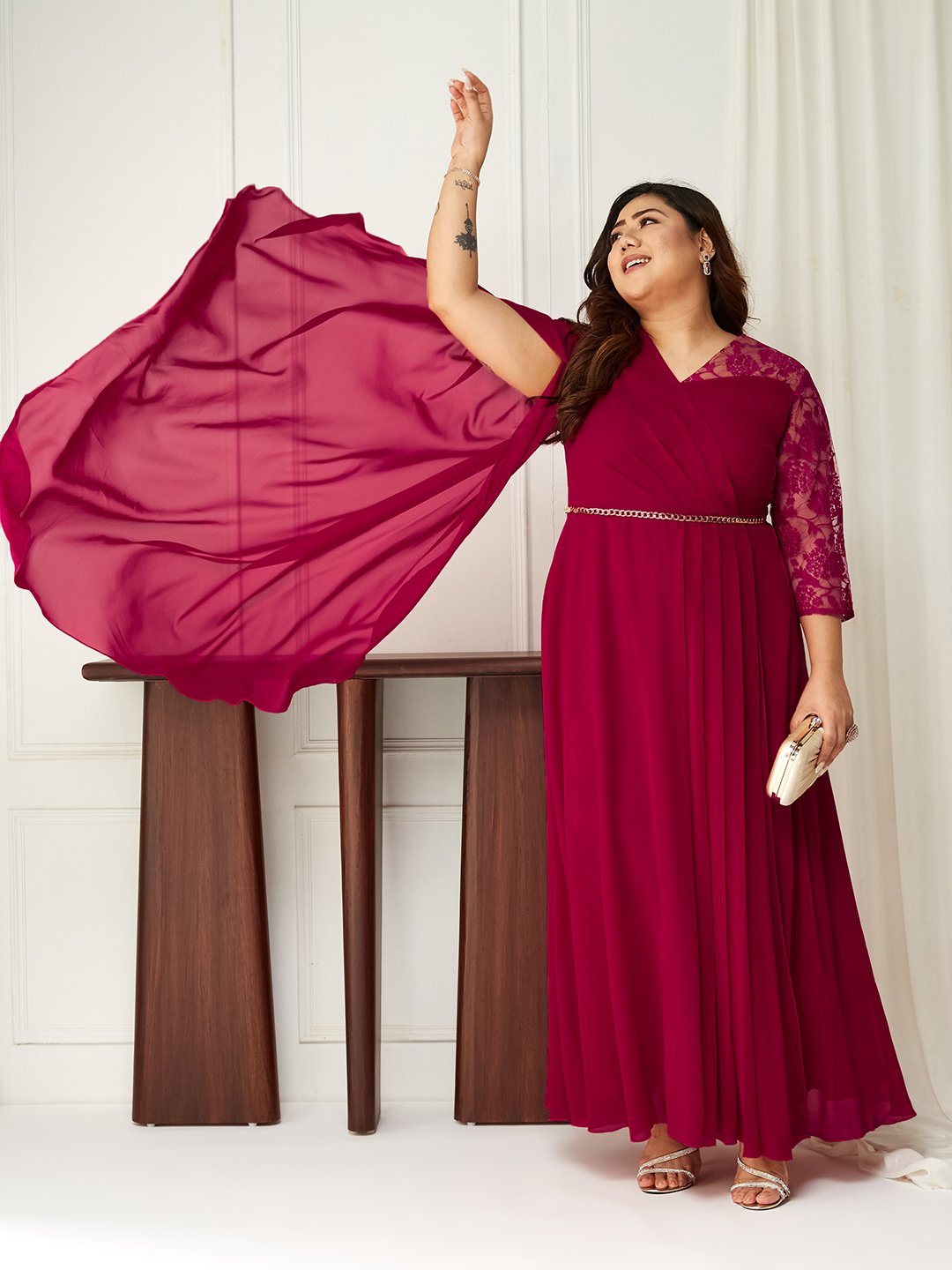 Burgundy A-Line Maxi Dress with Lace 3/4 Sleeves