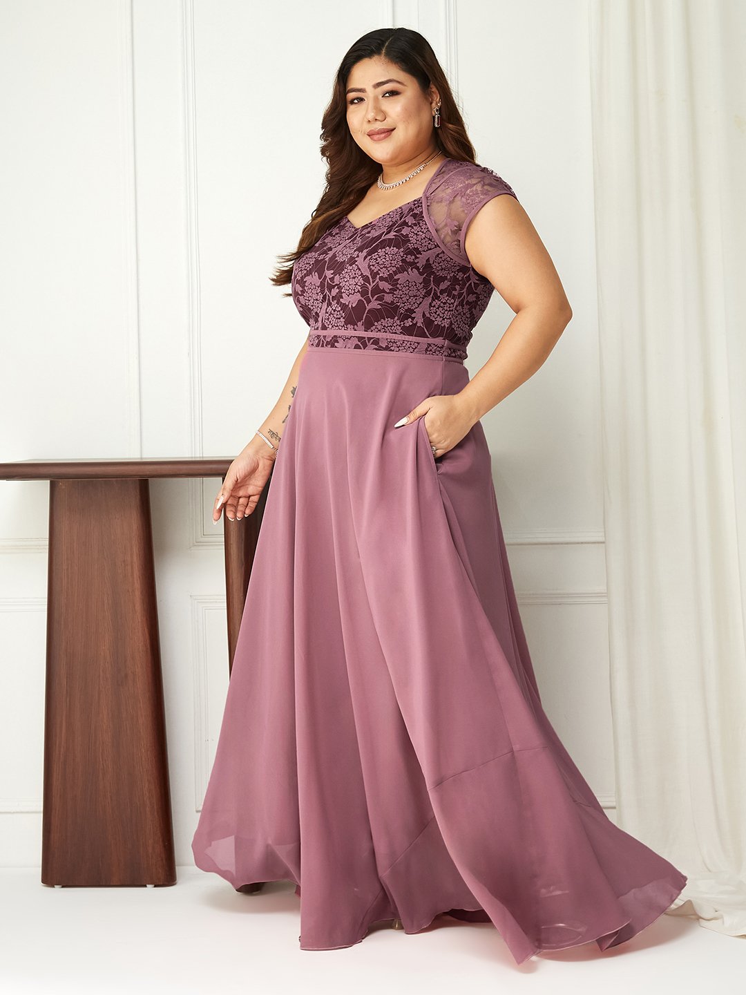 Purple Lace A-Line Maxi Dress with Short Sleeves