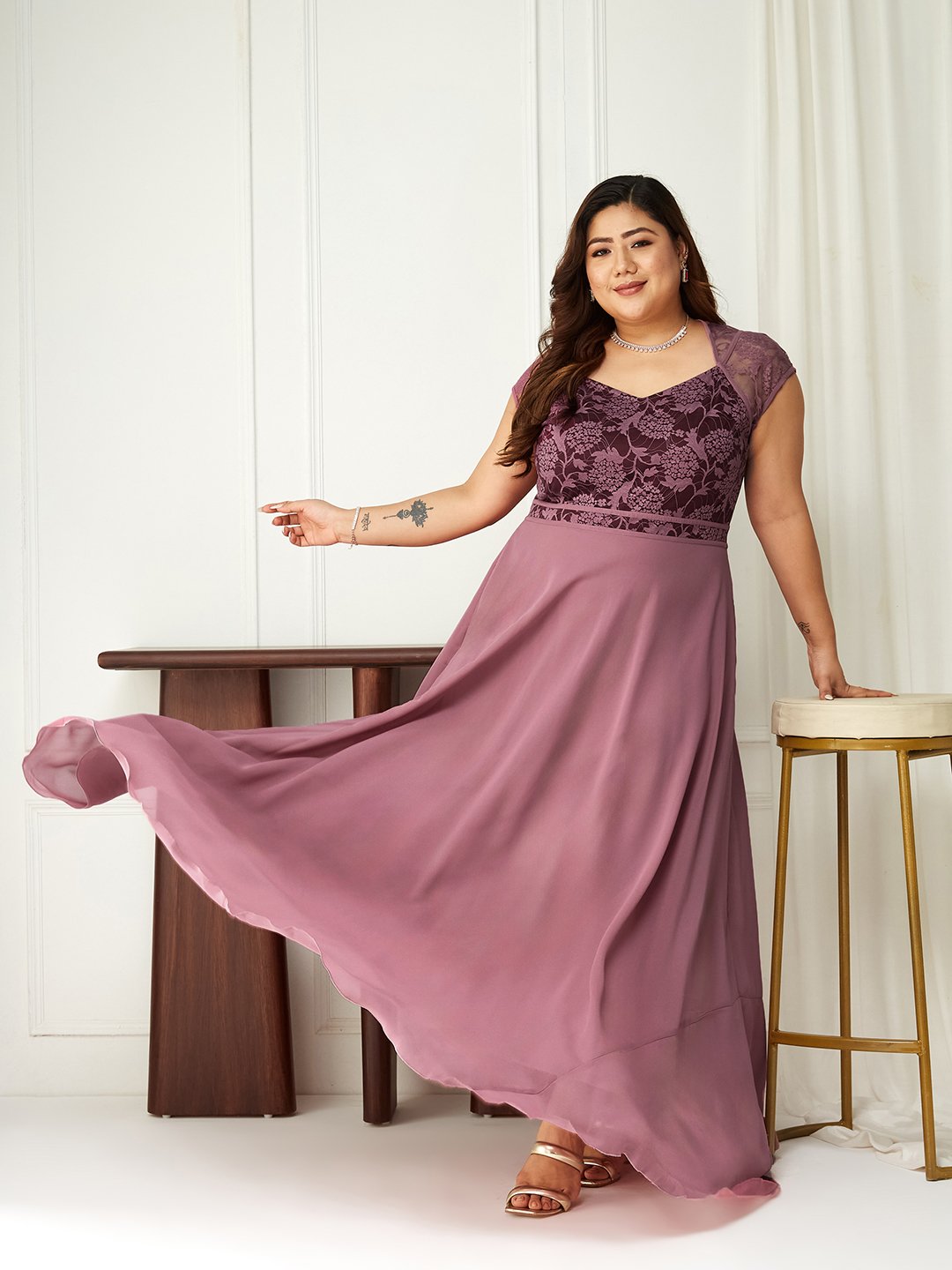 Purple Lace A-Line Maxi Dress with Short Sleeves