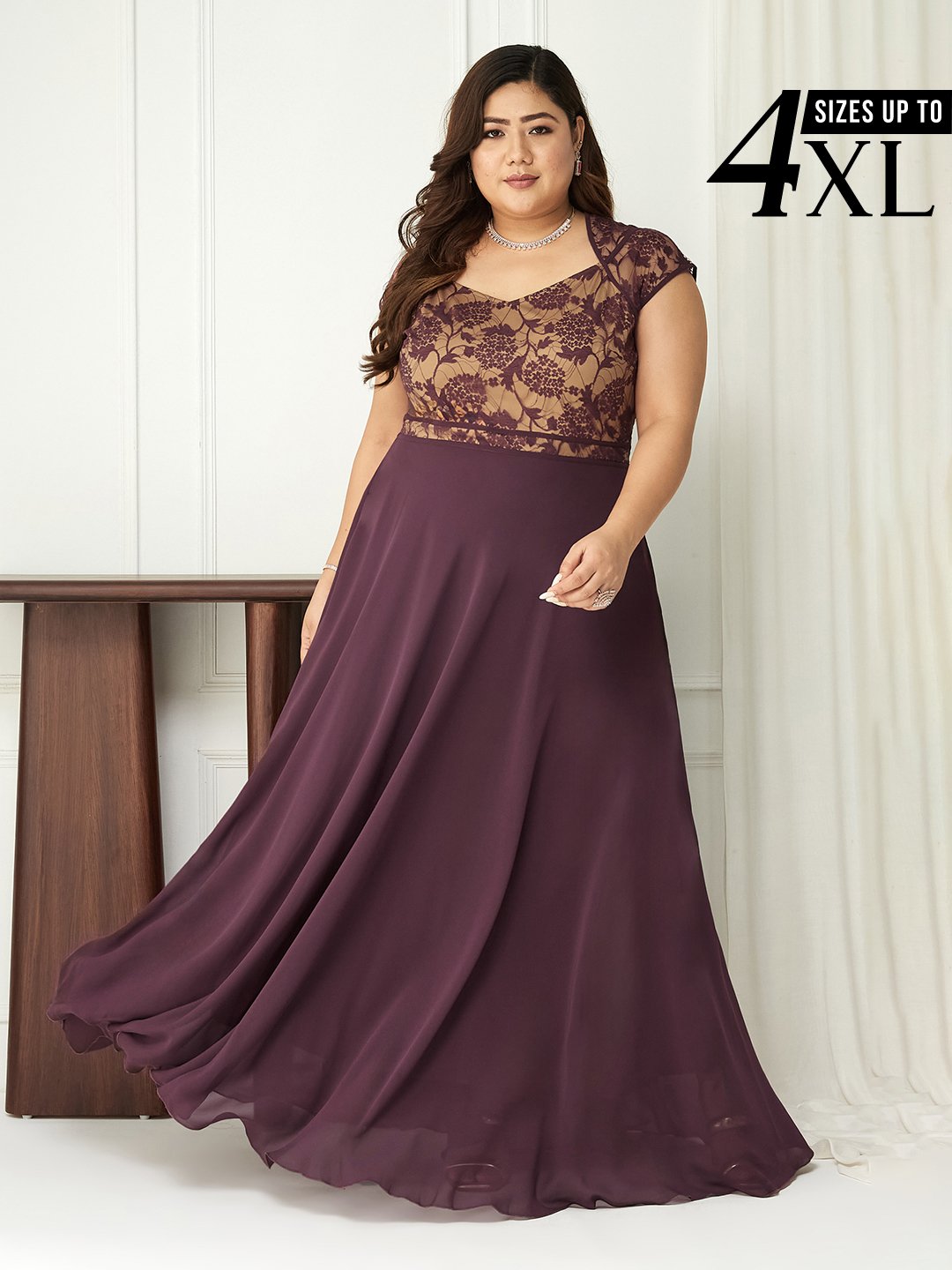 Burgundy Lace A-Line Maxi Dress with Short Sleeves