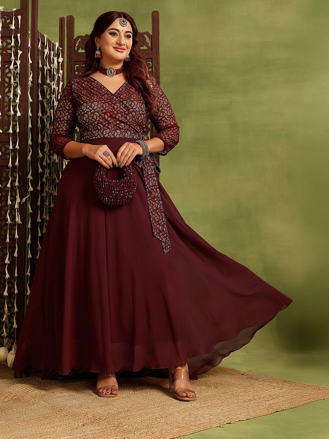 Burgundy Lace Wrap Maxi Dress with 3/4 Sleeves