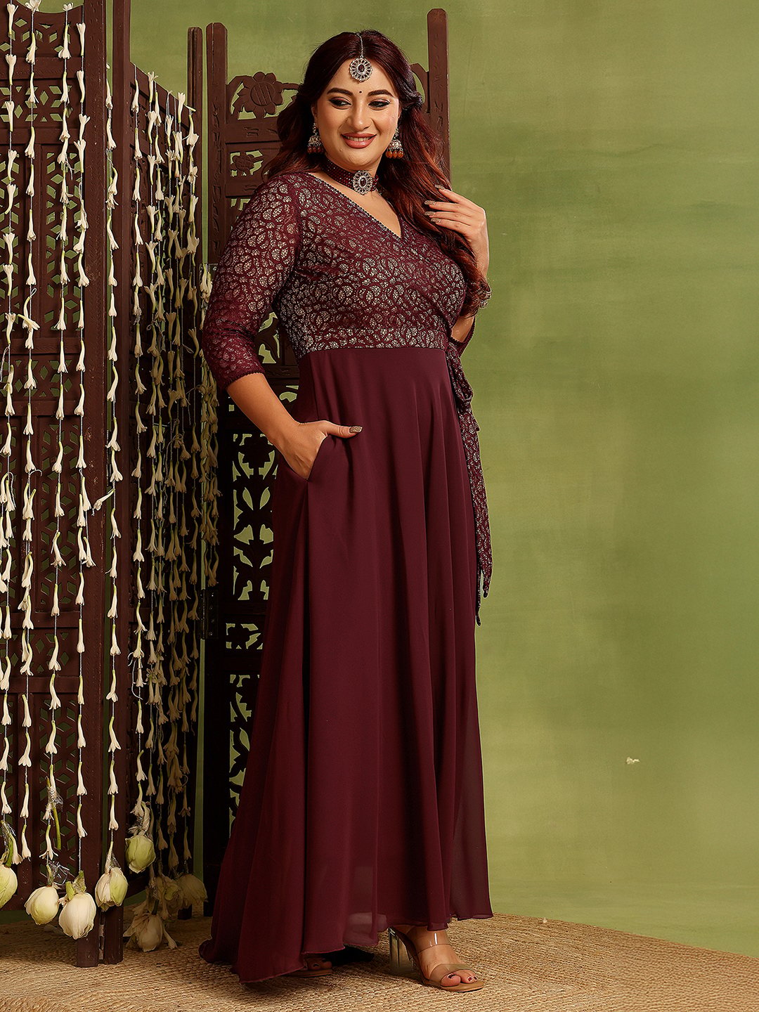 Burgundy Lace Wrap Maxi Dress with 3/4 Sleeves