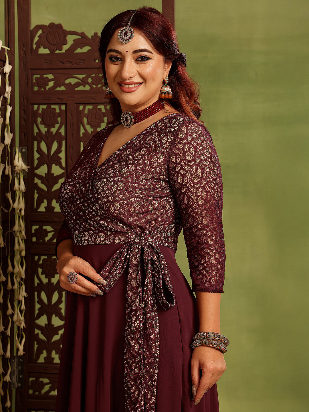 Burgundy Lace Wrap Maxi Dress with 3/4 Sleeves