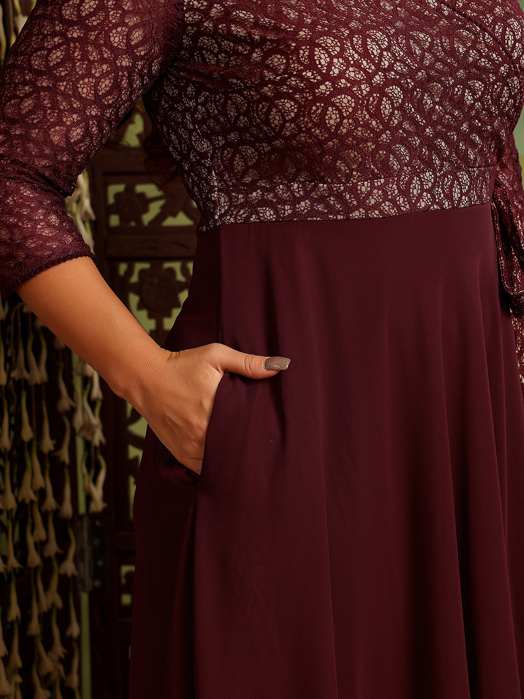 Burgundy Lace Wrap Maxi Dress with 3/4 Sleeves