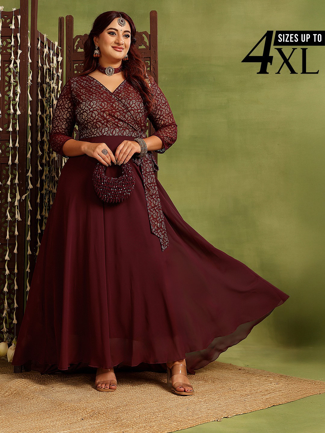 Burgundy Lace Wrap Maxi Dress with 3/4 Sleeves