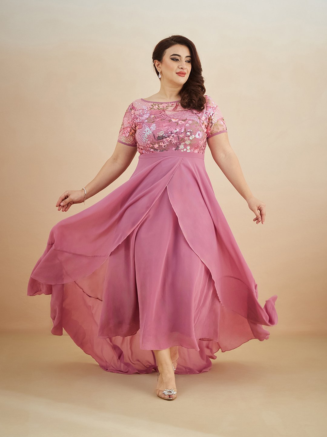 Dark Pink Sequin Embroidered A-Line Maxi Dress