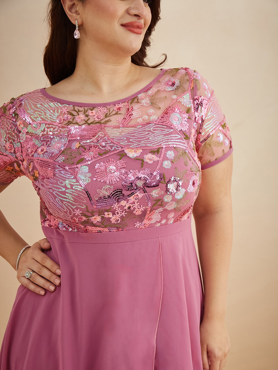 Dark Pink Sequin Embroidered A-Line Maxi Dress