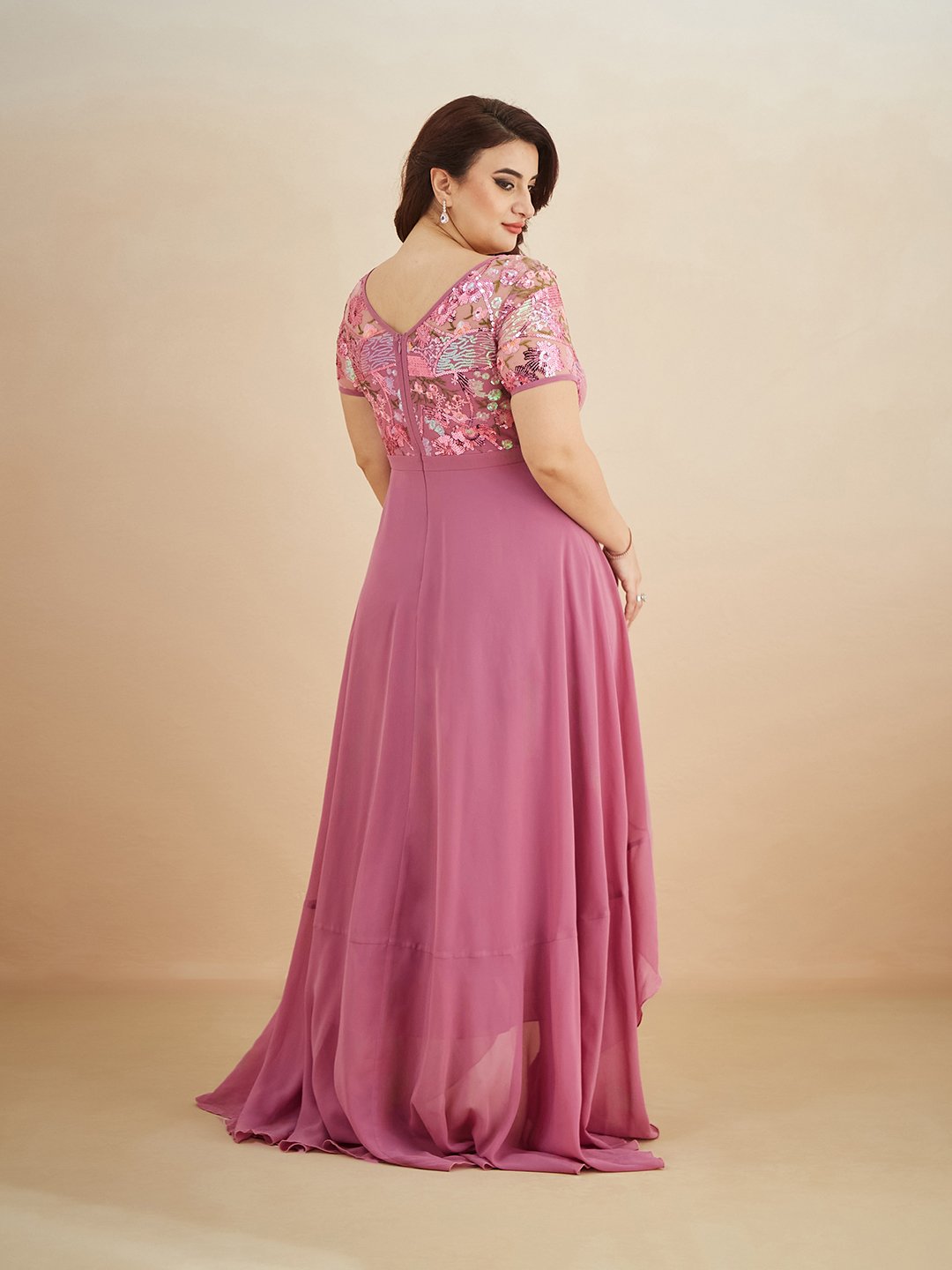 Dark Pink Sequin Embroidered A-Line Maxi Dress