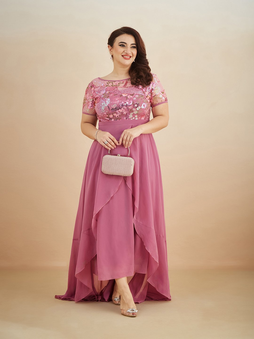 Dark Pink Sequin Embroidered A-Line Maxi Dress