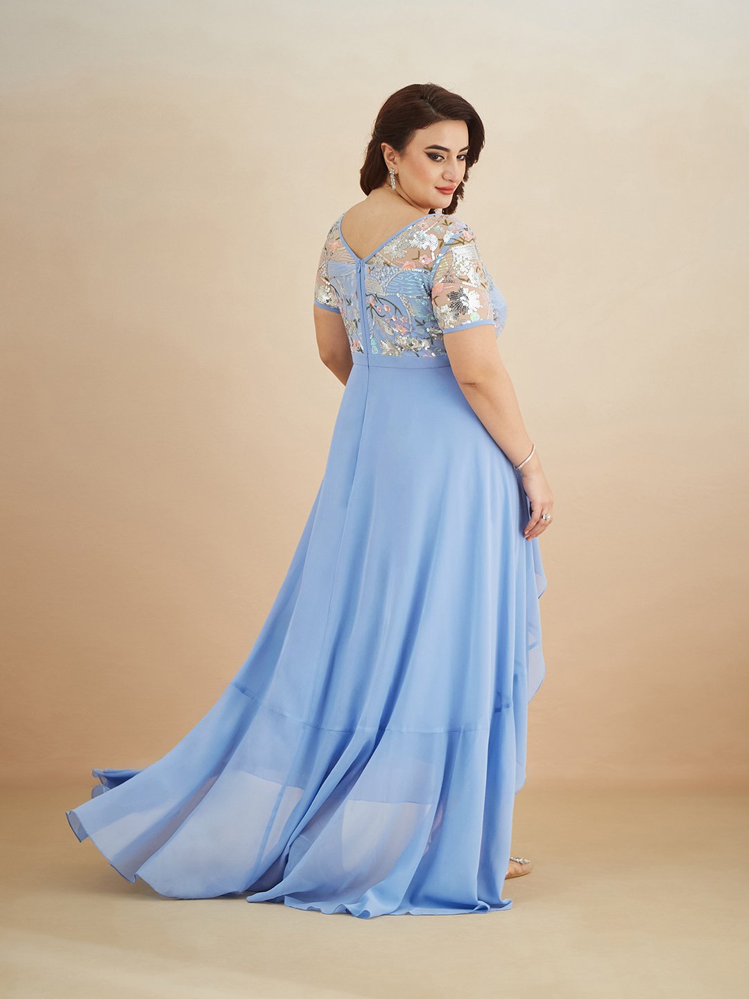 Sequin-Embellished Light Blue A-Line Maxi Dress