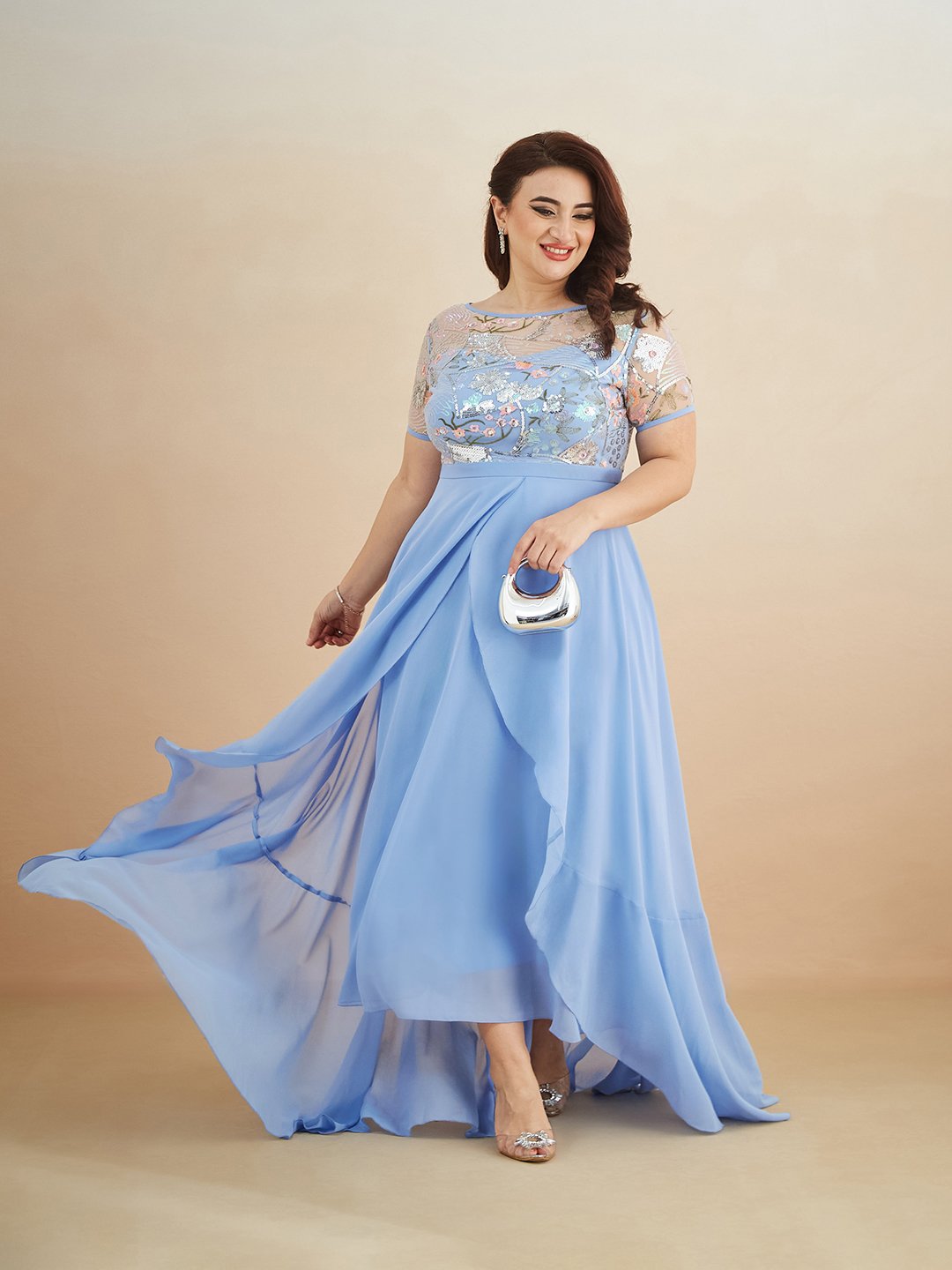 Sequin-Embellished Light Blue A-Line Maxi Dress