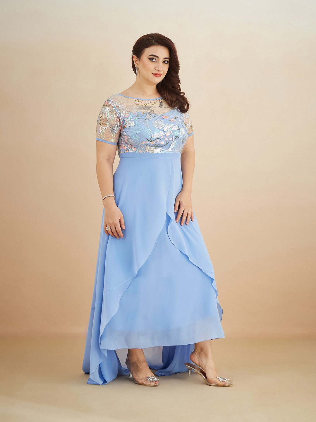 Sequin-Embellished Light Blue A-Line Maxi Dress